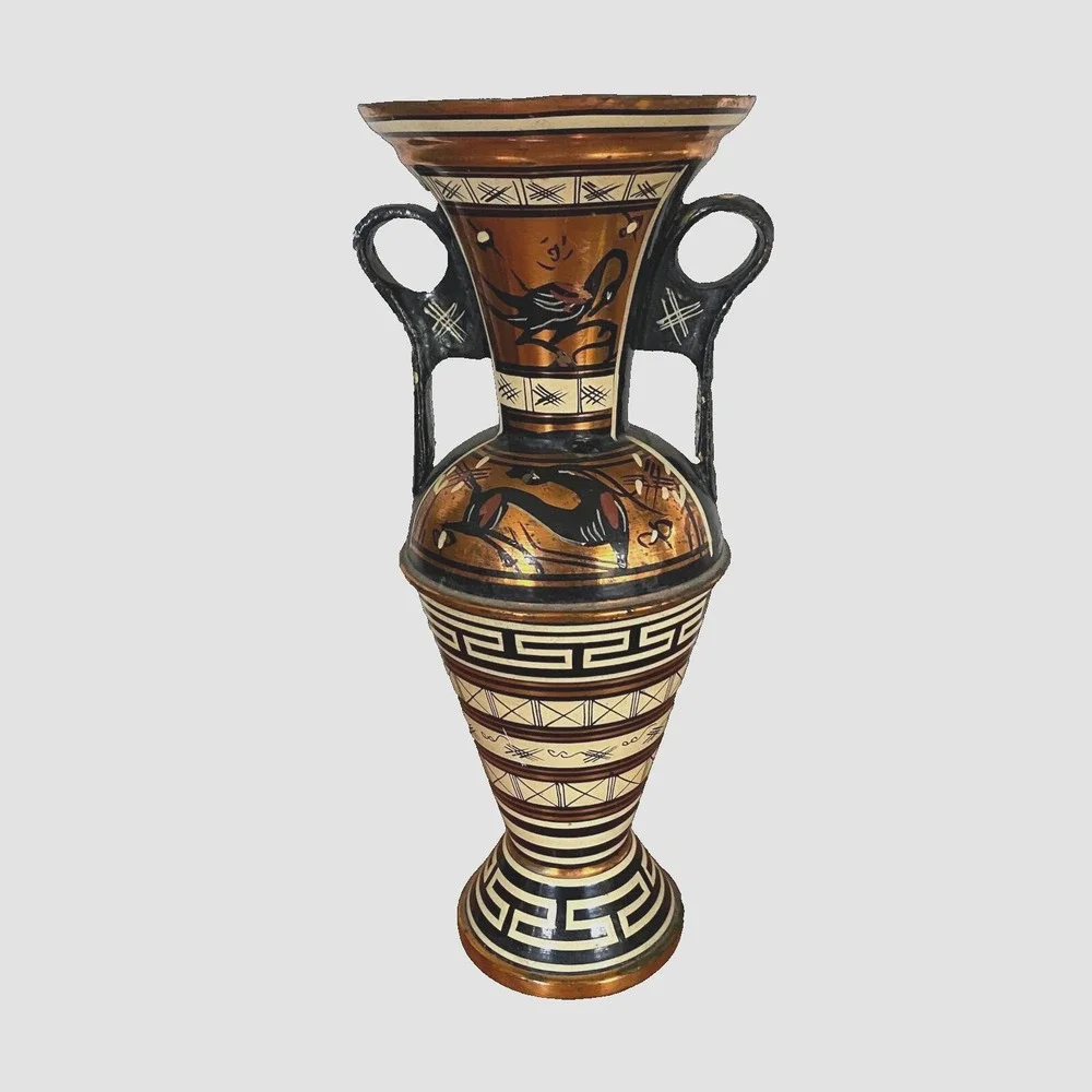 Vtg Copper Vase‎ Handled Urn Hand Painted Engraved 7.5